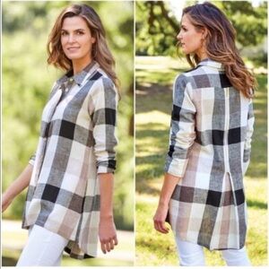 Soft Surroundings Carreaux Plaid Linen Blend Button‎ Down Top High Low Hem Sz L